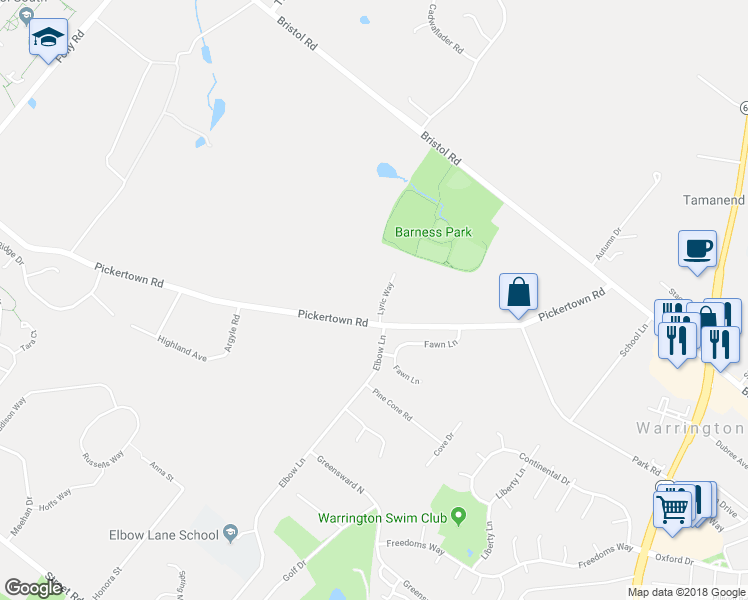 map of restaurants, bars, coffee shops, grocery stores, and more near 102 Lyric Way in Warrington