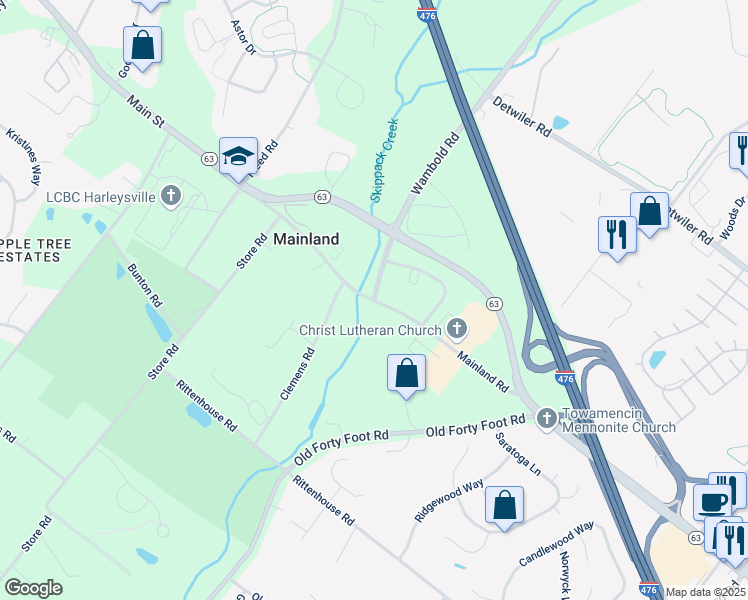 map of restaurants, bars, coffee shops, grocery stores, and more near Sumneytown Pike & Wambold Rd in Montgomery