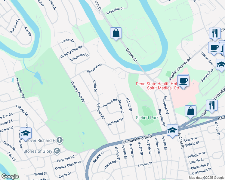 map of restaurants, bars, coffee shops, grocery stores, and more near 614 Devon Road in Camp Hill