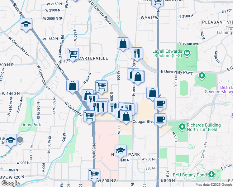 map of restaurants, bars, coffee shops, grocery stores, and more near 1489 North 300 West in Provo