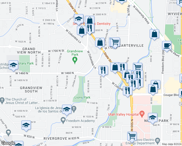 map of restaurants, bars, coffee shops, grocery stores, and more near 1561N West Grandview Lane in Provo