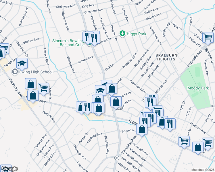 map of restaurants, bars, coffee shops, grocery stores, and more near 6-8 Braeburn Drive in Ewing Township