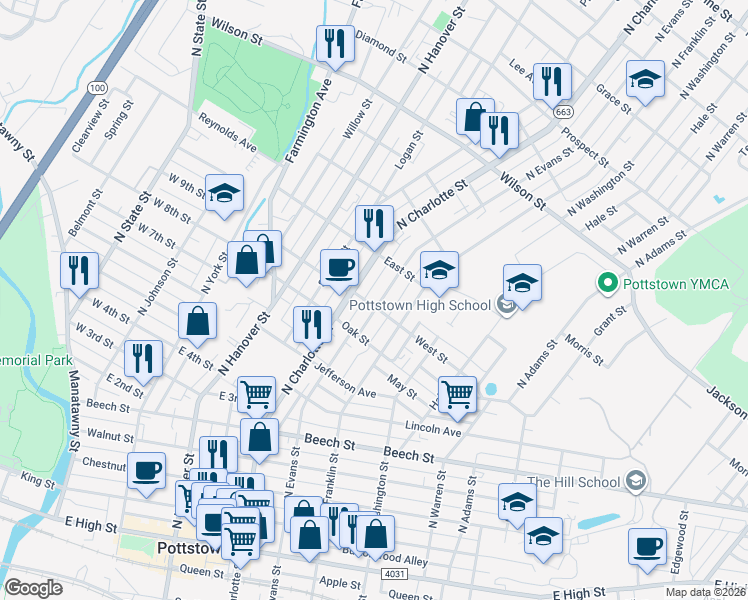 map of restaurants, bars, coffee shops, grocery stores, and more near 520 North Charlotte Street in Pottstown