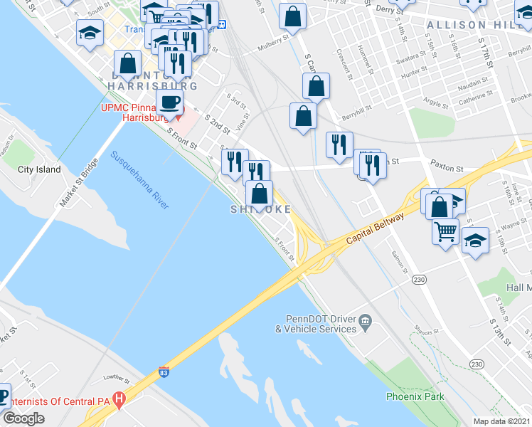 map of restaurants, bars, coffee shops, grocery stores, and more near 599 Showers Street in Harrisburg