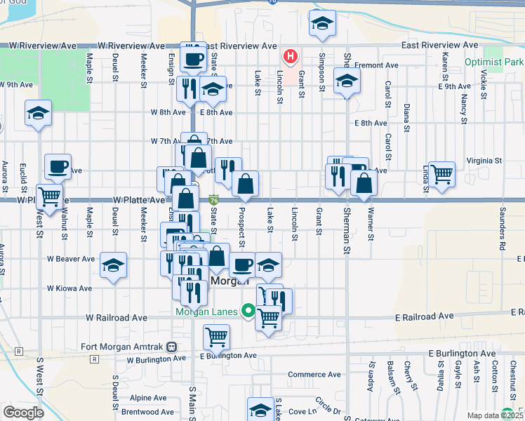 map of restaurants, bars, coffee shops, grocery stores, and more near 530 Lake Street in Fort Morgan