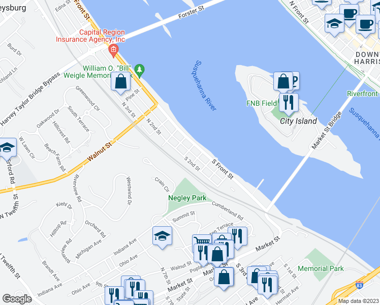 map of restaurants, bars, coffee shops, grocery stores, and more near 13 Locust Street in Wormleysburg