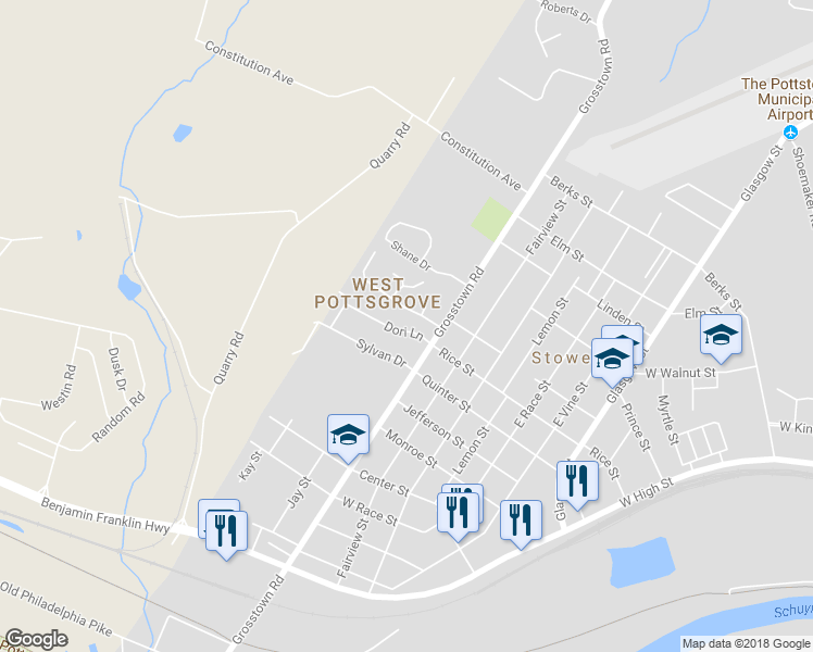 map of restaurants, bars, coffee shops, grocery stores, and more near 649 Dori Lane in Pottstown