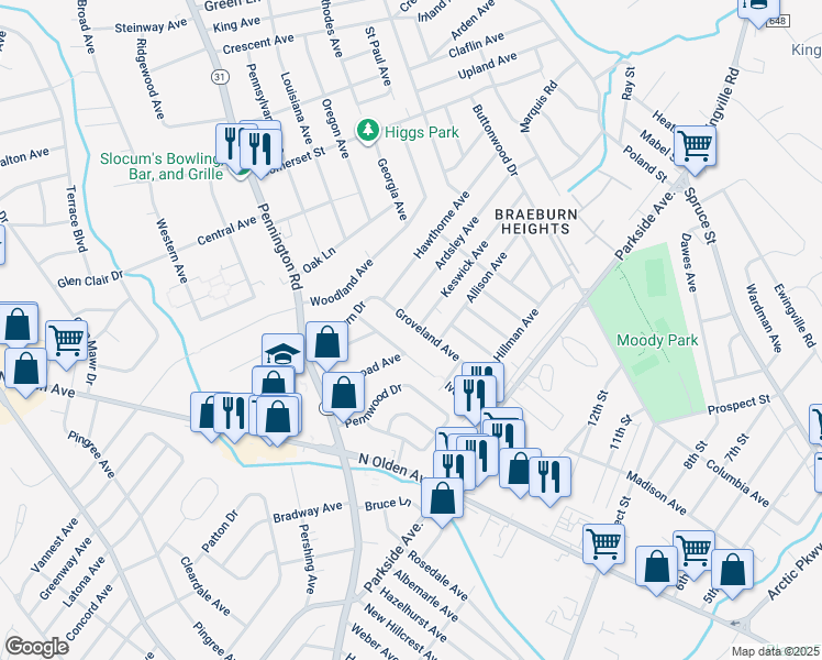 map of restaurants, bars, coffee shops, grocery stores, and more near 71 Groveland Avenue in Ewing Township