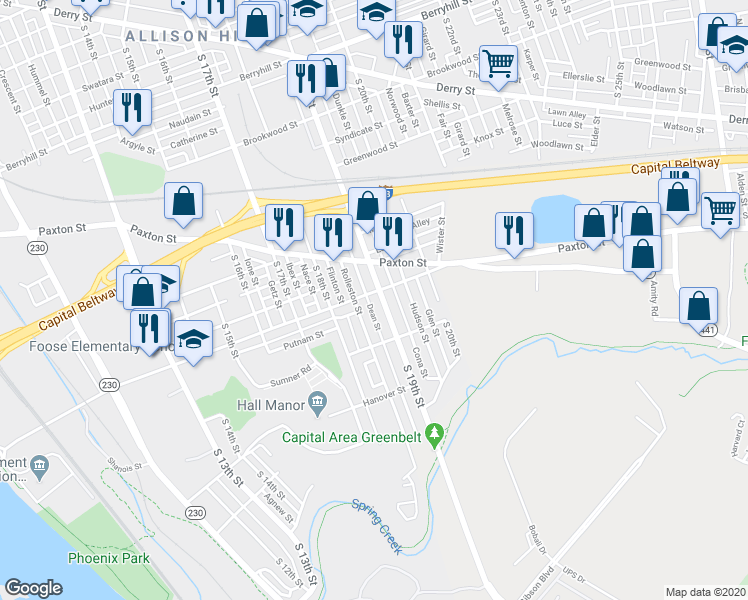 map of restaurants, bars, coffee shops, grocery stores, and more near 1106 South 19th Street in Harrisburg