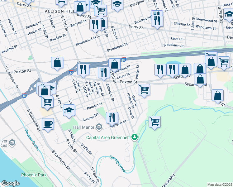 map of restaurants, bars, coffee shops, grocery stores, and more near 1106 South 19th Street in Harrisburg