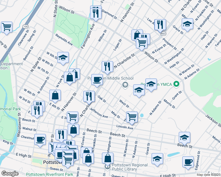 map of restaurants, bars, coffee shops, grocery stores, and more near 514 North Evans Street in Pottstown