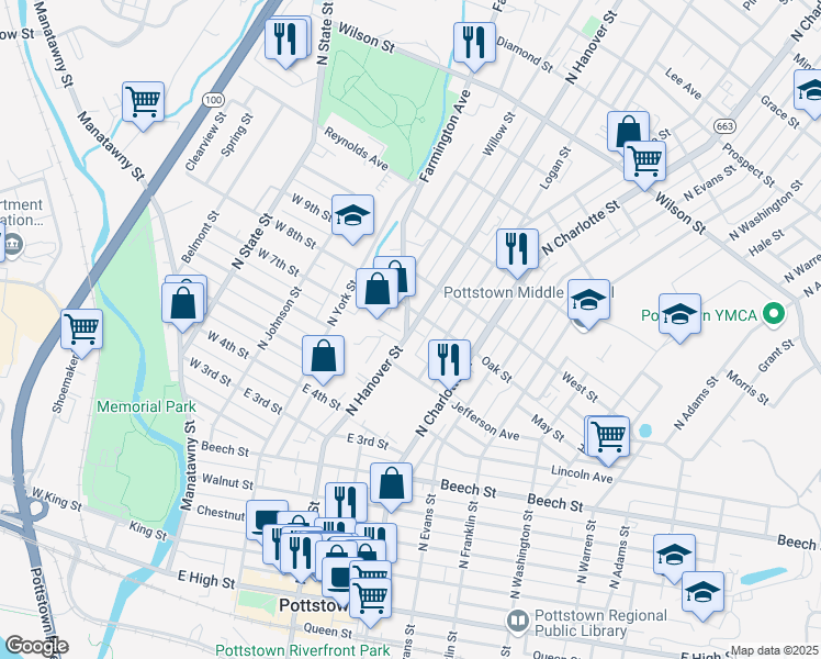 map of restaurants, bars, coffee shops, grocery stores, and more near 371 North Hanover Street in Pottstown