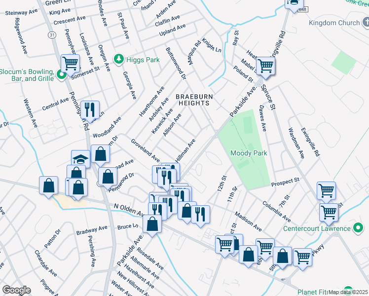map of restaurants, bars, coffee shops, grocery stores, and more near 50 Hillman Avenue in Ewing Township