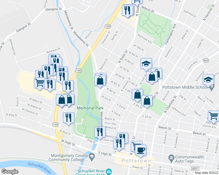 map of restaurants, bars, coffee shops, grocery stores, and more near 342 North State Street in Pottstown