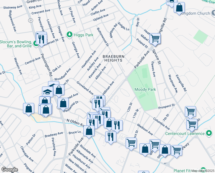 map of restaurants, bars, coffee shops, grocery stores, and more near 50 Hillman Avenue in Ewing Township