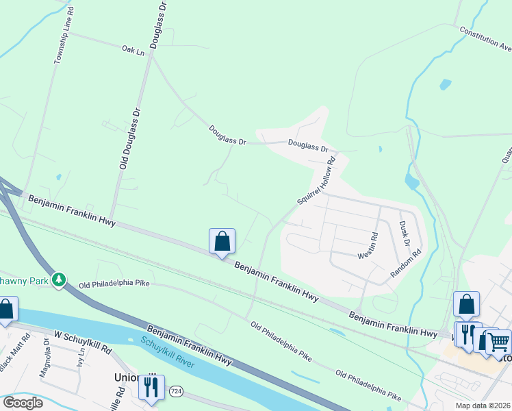 map of restaurants, bars, coffee shops, grocery stores, and more near 126 Squirrel Hollow Road in Douglassville