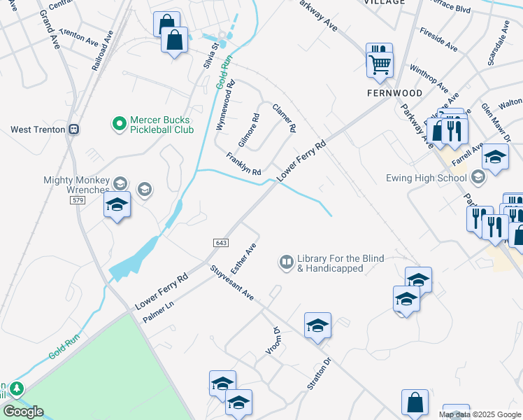 map of restaurants, bars, coffee shops, grocery stores, and more near 886 Lower Ferry Road in Ewing Township