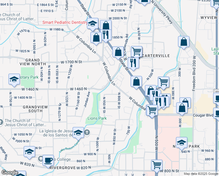 map of restaurants, bars, coffee shops, grocery stores, and more near 1561N West Grandview Lane in Provo