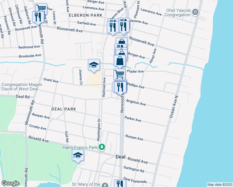 map of restaurants, bars, coffee shops, grocery stores, and more near 108 Norwood Avenue in Deal
