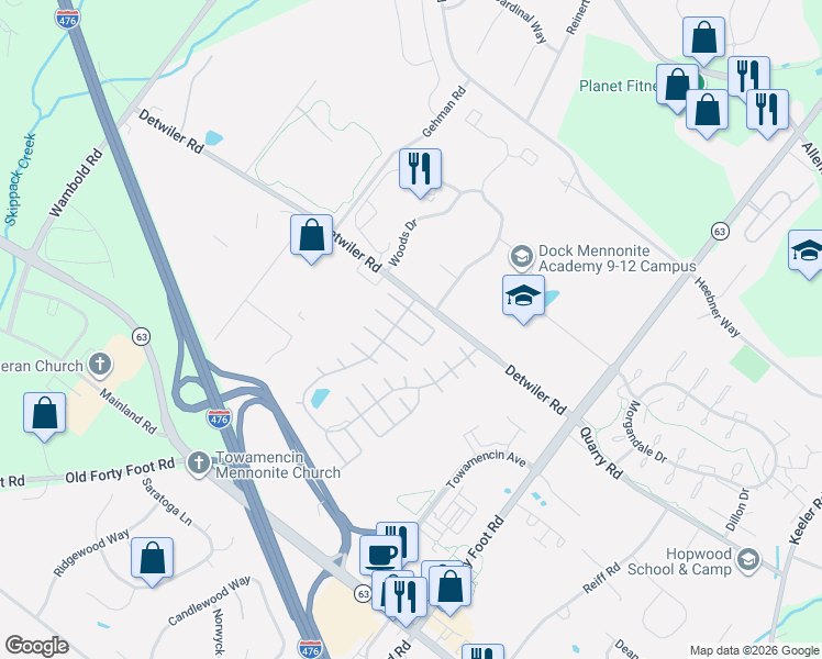 map of restaurants, bars, coffee shops, grocery stores, and more near 12 Longwood Court West in Harleysville