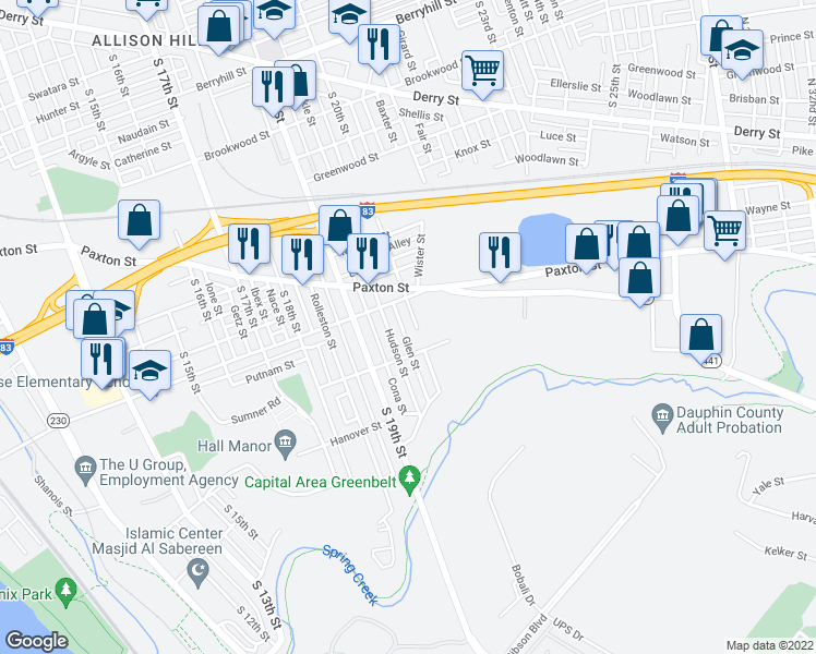 map of restaurants, bars, coffee shops, grocery stores, and more near 1109 Hudson Street in Harrisburg