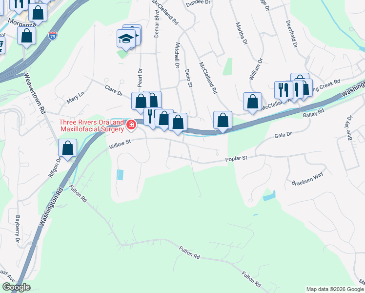 map of restaurants, bars, coffee shops, grocery stores, and more near 2520 Washington Road in Canonsburg