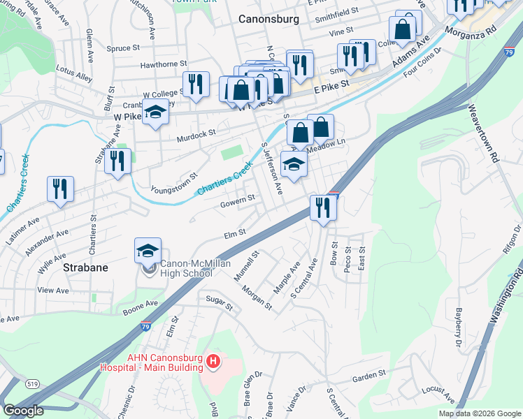 map of restaurants, bars, coffee shops, grocery stores, and more near 203 Richland Avenue in Canonsburg