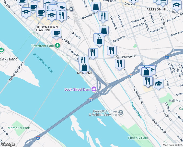 map of restaurants, bars, coffee shops, grocery stores, and more near 600 Race Street in Harrisburg