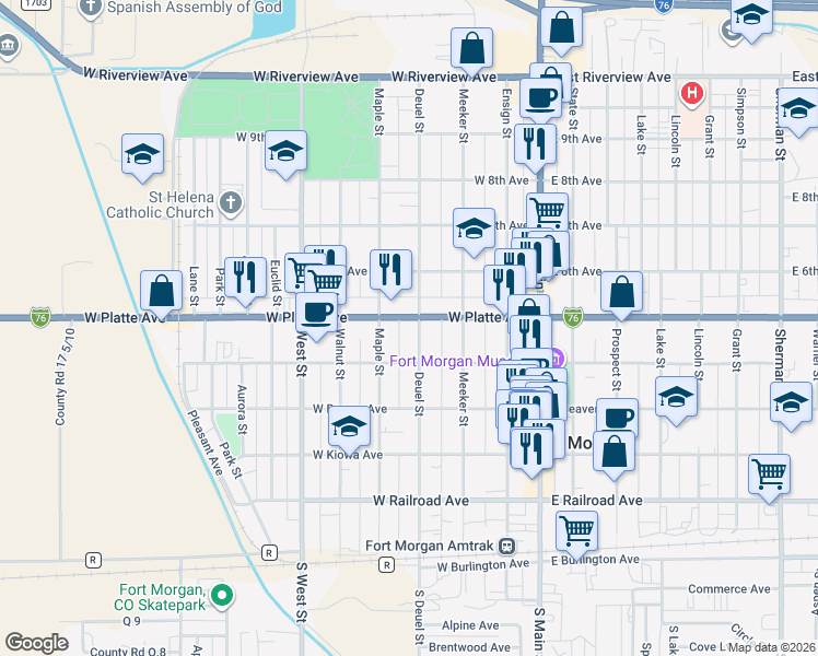 map of restaurants, bars, coffee shops, grocery stores, and more near 530 Deuel Street in Fort Morgan