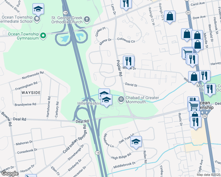 map of restaurants, bars, coffee shops, grocery stores, and more near 51 Rawson Circle in Monmouth County