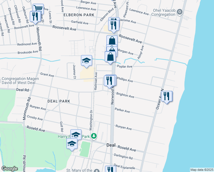 map of restaurants, bars, coffee shops, grocery stores, and more near 108 Norwood Avenue in Deal