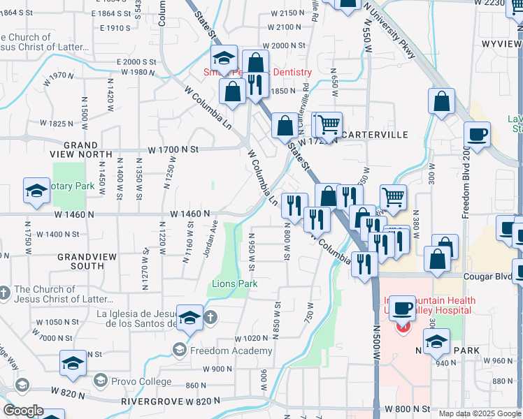 map of restaurants, bars, coffee shops, grocery stores, and more near 865 Columbia Lane in Provo