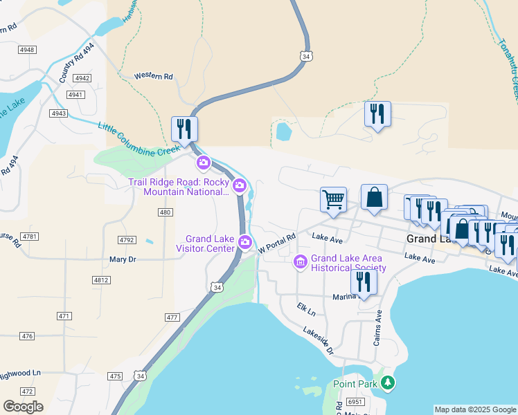 map of restaurants, bars, coffee shops, grocery stores, and more near 116 Grand Avenue in Grand Lake