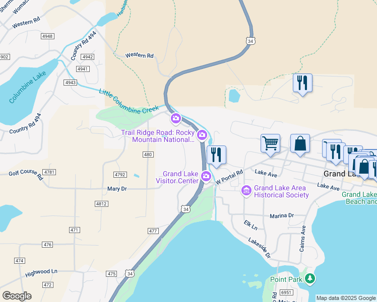 map of restaurants, bars, coffee shops, grocery stores, and more near 204 Tall Pine Circle in Grand Lake
