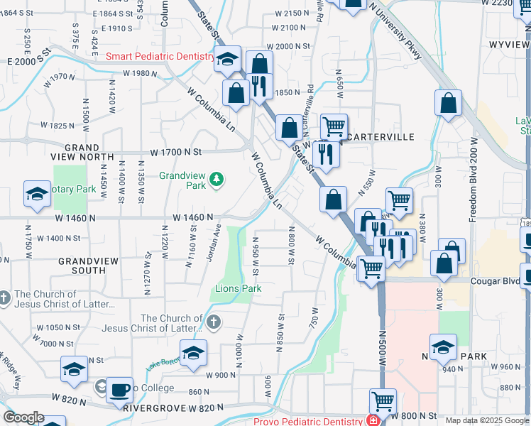 map of restaurants, bars, coffee shops, grocery stores, and more near 1561N West Grandview Lane in Provo