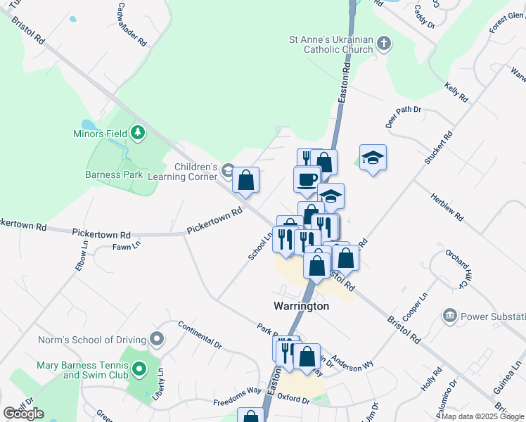 map of restaurants, bars, coffee shops, grocery stores, and more near 2521 Bristol Road in Warrington