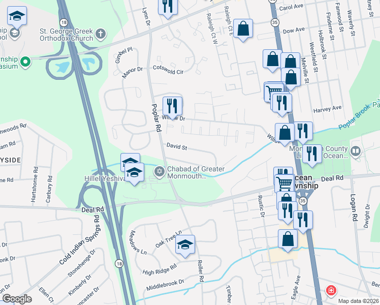map of restaurants, bars, coffee shops, grocery stores, and more near 7 David Street in Monmouth County