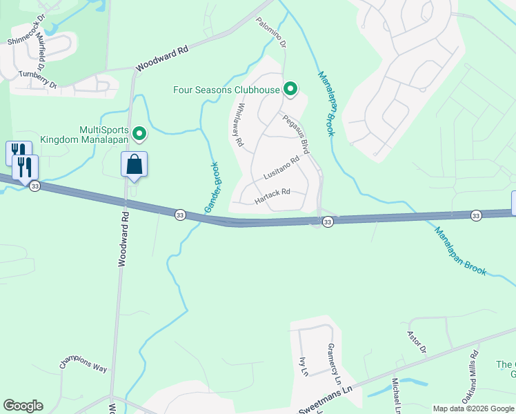 map of restaurants, bars, coffee shops, grocery stores, and more near 22 Hartack Road in Manalapan Township