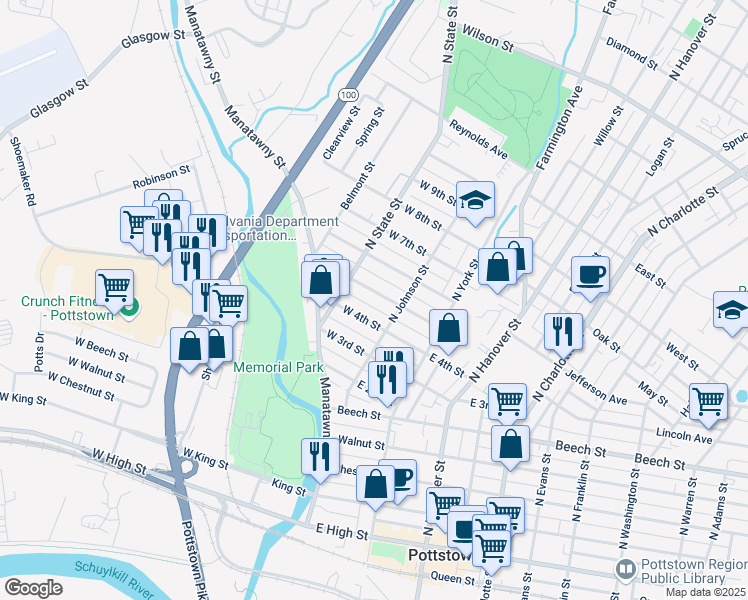 map of restaurants, bars, coffee shops, grocery stores, and more near 31 West 5th Street in Pottstown