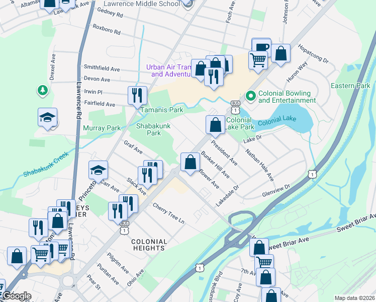 map of restaurants, bars, coffee shops, grocery stores, and more near 244 Stevens Avenue in Lawrence Township