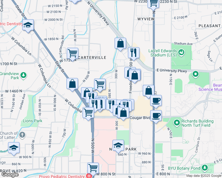 map of restaurants, bars, coffee shops, grocery stores, and more near 1470 North 380 West in Provo