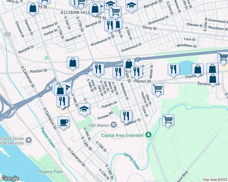 map of restaurants, bars, coffee shops, grocery stores, and more near 1724 Wayne Street in Harrisburg