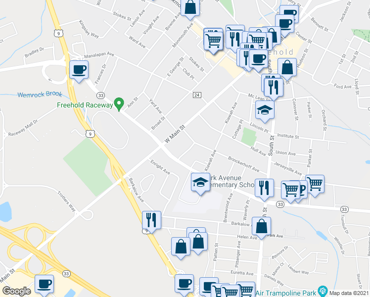 map of restaurants, bars, coffee shops, grocery stores, and more near 3 Berkeley Place in Freehold