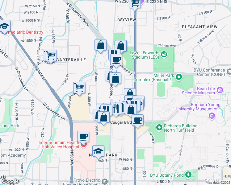 map of restaurants, bars, coffee shops, grocery stores, and more near 1476 Freedom Boulevard 200 West in Provo