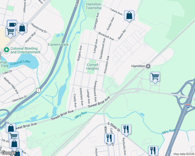map of restaurants, bars, coffee shops, grocery stores, and more near 302 Sandalwood Avenue in Hamilton Township