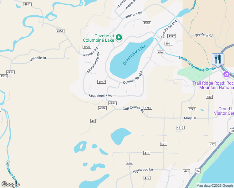 map of restaurants, bars, coffee shops, grocery stores, and more near 677 Kinnikinnick Road in Grand Lake