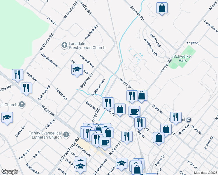 map of restaurants, bars, coffee shops, grocery stores, and more near 618 North Valley Forge Road in Lansdale