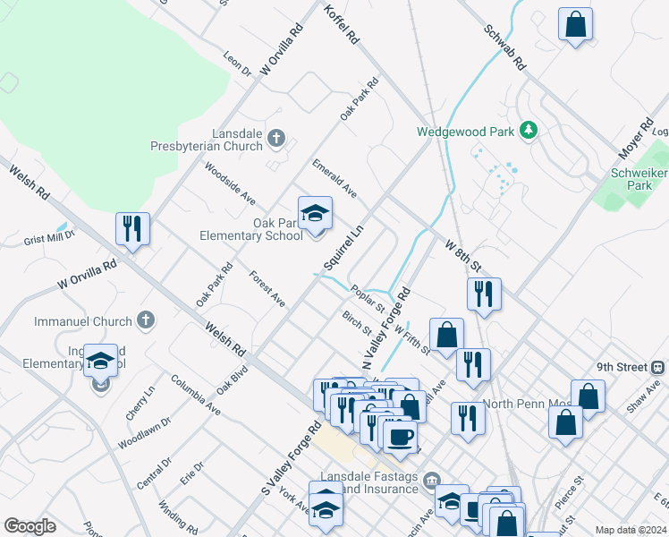 map of restaurants, bars, coffee shops, grocery stores, and more near 511 Squirrel Lane in Lansdale
