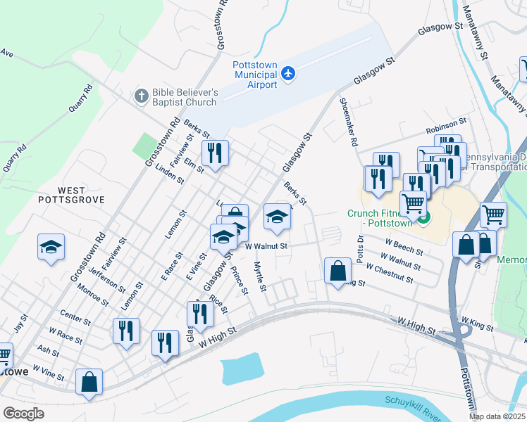 map of restaurants, bars, coffee shops, grocery stores, and more near 729 Glasgow Street in Pottstown