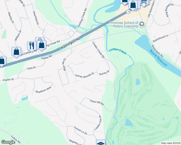 map of restaurants, bars, coffee shops, grocery stores, and more near 1061 Surrey Woods Drive in Canonsburg